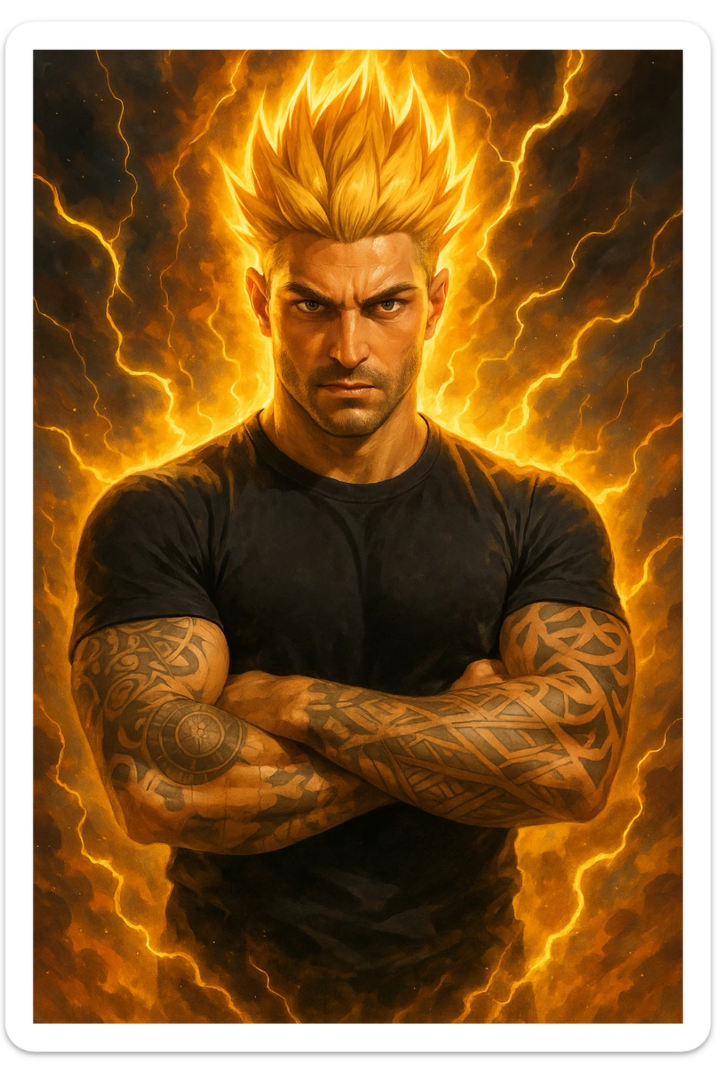a muscular man with spiky hair stands in a powerful pose, surrounded by a glowing, fiery aura reminiscent of Goku’s Super Saiyan transformation. His eyes are intense and determined, and his body radiates energy and confidence. Lightning bolts and energy waves crackle around him, symbolizing a surge of testosterone and vitality. The background is dramatic, with swirling clouds and vibrant colors. sticker