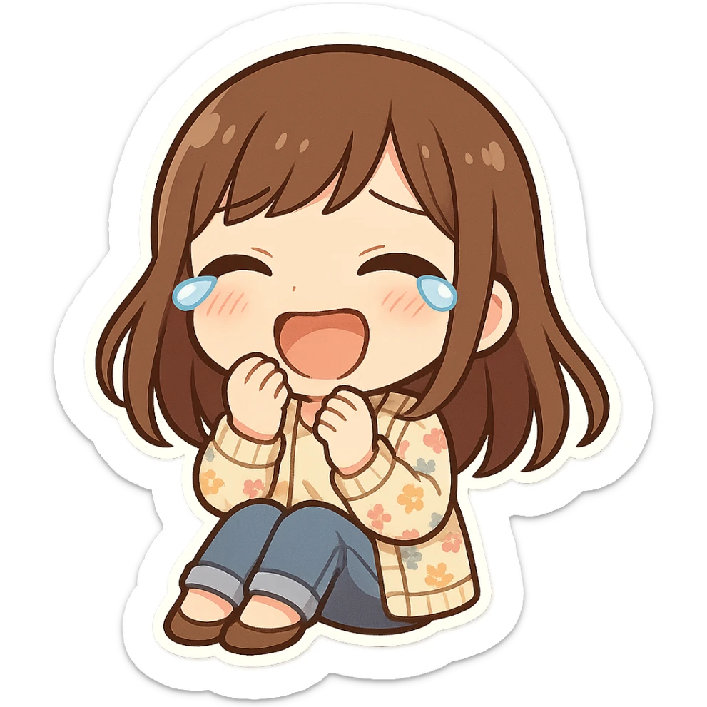chibi sticker of a girl with brown straight hair and brown eyes, wearing a pastel floral cardigan and jeans, laughing to tears, sitting down, white outline, transparent background, 512x512px sticker