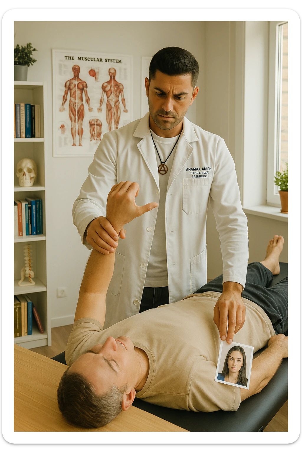 a middle-aged man, dressed in casual professional attire, is in a bright, organized therapy studio. Durante una visita di kinesiologia, il praticante tiene con una mano la foto di una persona lontana (il “testimone”) appoggiata su un tavolo, mentre con l’altra mano esegue un test muscolare su un cliente presente. Sullo sfondo si vedono libri di kinesiologia, poster anatomici e strumenti tipici della disciplina. L’atmosfera è concentrata e serena, con luce naturale che entra dalla finestra, sottolineando l’aspetto alternativo e umano della pratica. sticker