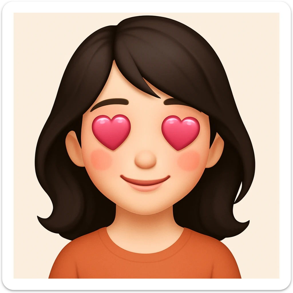 A girl with fair skin, dark hair, fair skin and pink blush. The illustration should be in emoji style. The girl should have a loving look and hearts in her eyes. sticker
