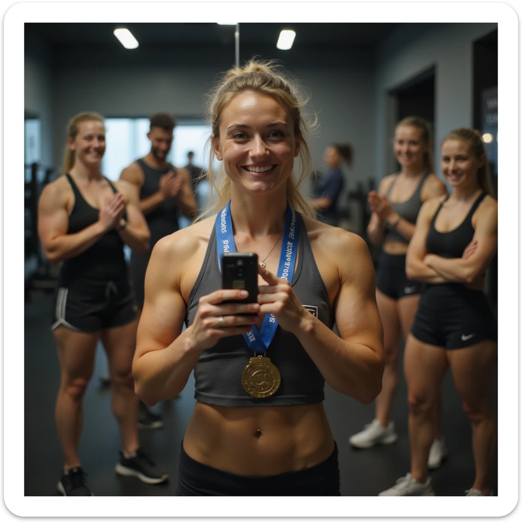 hyperrealistic 4K image of a woman taking a selfie in front of a gym mirror, showing fitness progress with a medal around her neck, friends applauding in the background, motivational writing on the mirror, toned muscles, proud smile sticker