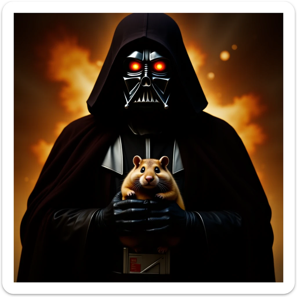 Cinematic still, Extreme Closeup Photo of a darth vader holding big hamster, low key light, explosion startship background with leading lines, back light, spot light sticker