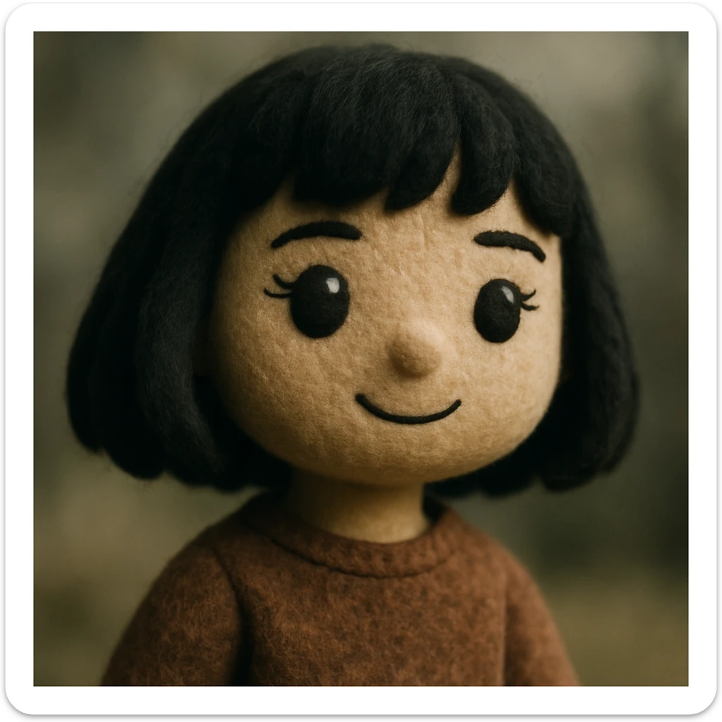 portrait of a girl with black shoulder-length hair, bangs, black almond-shaped eyes, full lips, and straight nose, plush portrait style sticker