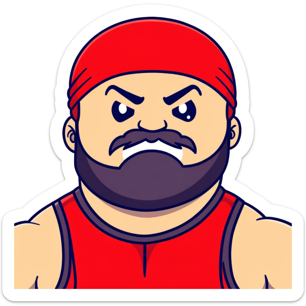 Close-up of very fat white skin guy with young face, beard and mustache, no muscle with prominent black durag, black eyes in a red and black wrestling singlet with angry face sticker