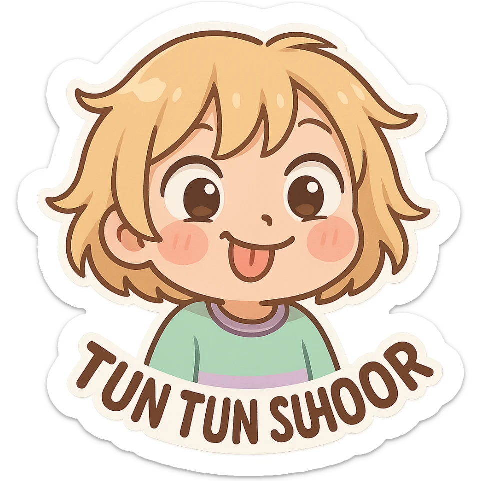 Tun Tun Suhoor chibi emoji, round face, playful look, blonde messy bob, big eyes, small mouth, pastel clothes, blush on cheeks, silly meme energy, no text sticker