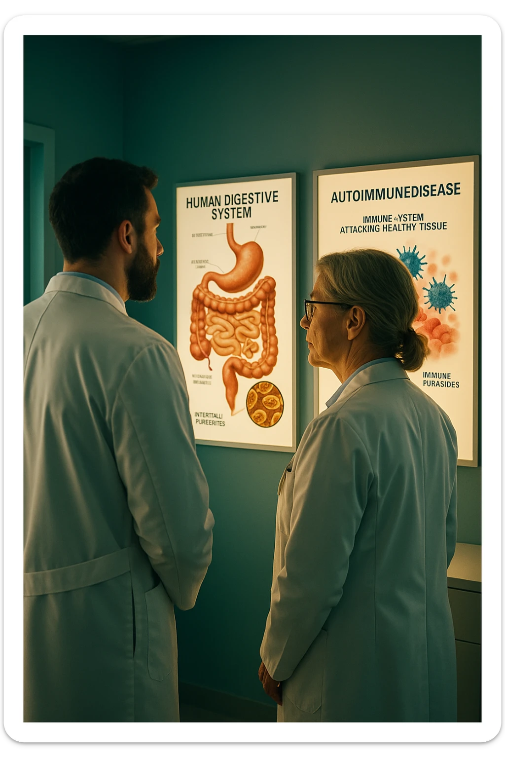 In italiano Realistic, detailed photo taken from behind of two doctors—a bearded man and a middle-aged woman—standing side by side in a modern medical office, intently studying a large, illuminated medical chart on the wall. The chart displays a detailed diagram of the human digestive system, highlighting the intestines and showing microscopic images of intestinal parasites. Next to it, another chart illustrates the immune system attacking healthy tissues, visually connecting gut parasites to autoimmune disease mechanisms. The room is bathed in a single green-blue color, with a warm, yellow-orange light casting soft shadows around the doctors. Both wear white coats and have serious, focused expressions, suggesting a deep discussion about the root causes of autoimmune conditions. Shot with a Canon EOS R5, with high detail, natural depth of field, and a clinical yet dramatic atmosphere. sticker