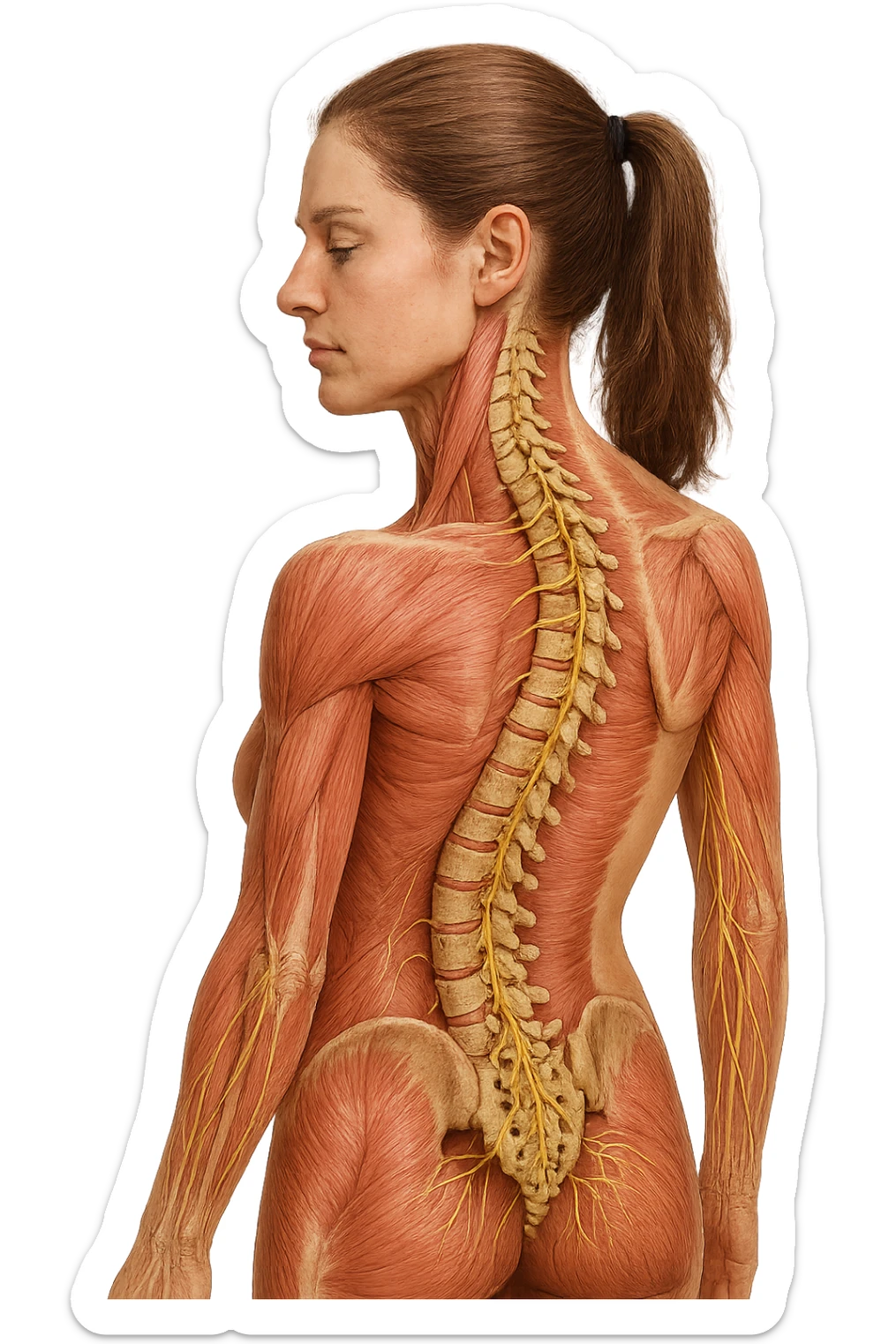 fai un immagine identica che riguarda un esercizio ma mettigli spina dorsale e muscoli in evidenza (anatomica) con colori naturali di un corpo umano (non blu), il nervo giallo si deve vedere molto bene. falla iperrealistica anatomica in 4k con spina dorsale storta in evidenza sticker