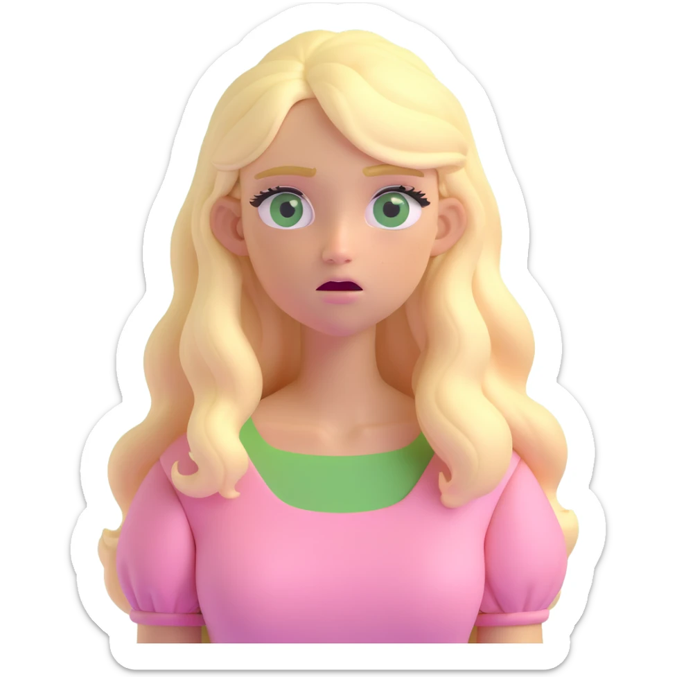 a 3d IOS realistic style emoji of a blonde with long hair and swamp eyes in a pink pastel dress confused sticker