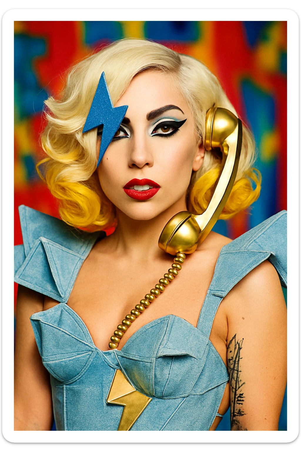 Lady Gaga in her iconic look from the Telephone music video, bold makeup, platinum blonde hair, unique fashion, pop star style sticker
