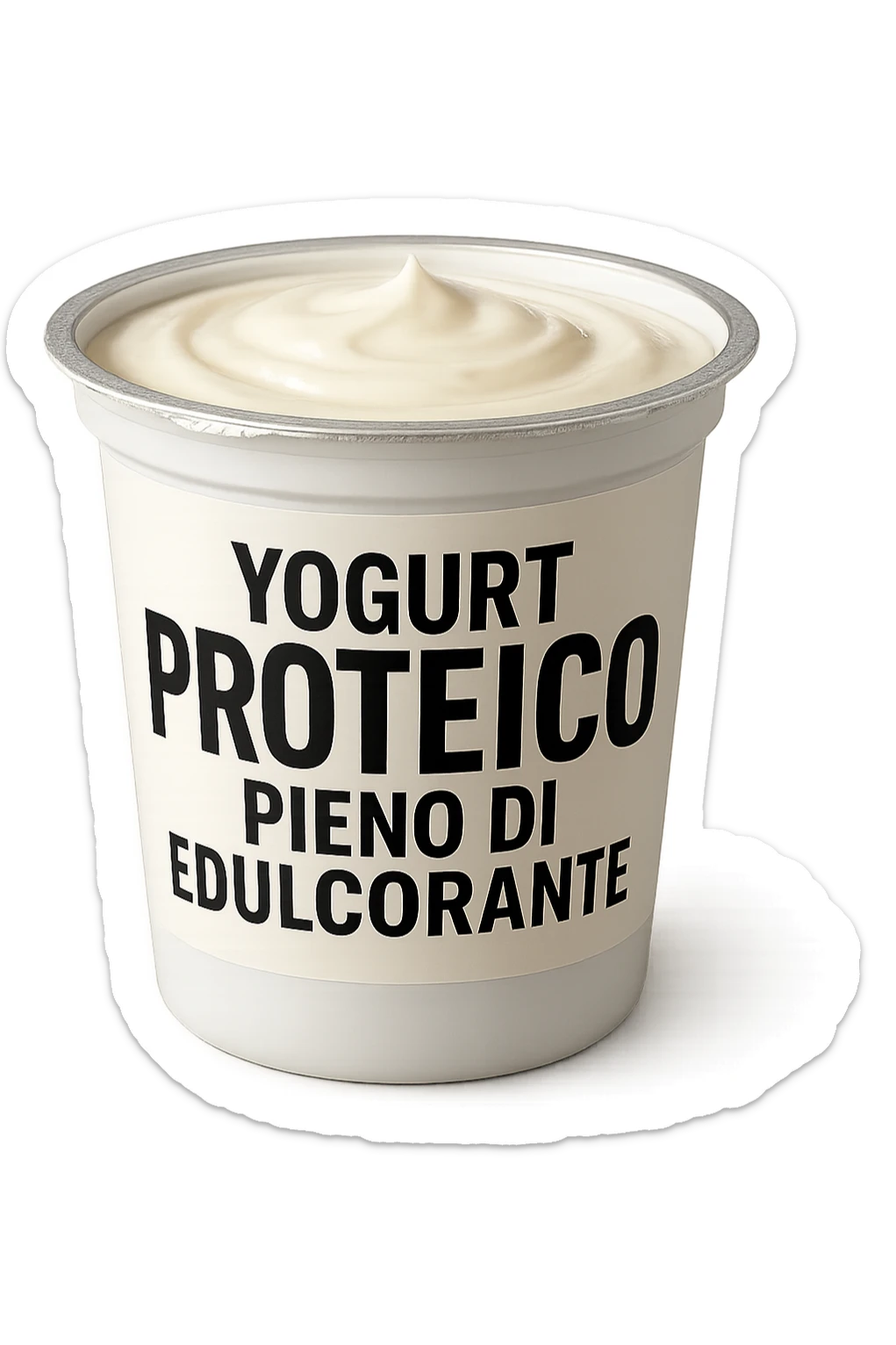 Yogurt proteicO CON LA SCRITTA "YOGURT PROTEICO PIENO DI EDULCORANTE" SULL'ETICHETTA,  iperrealistico 4k sticker