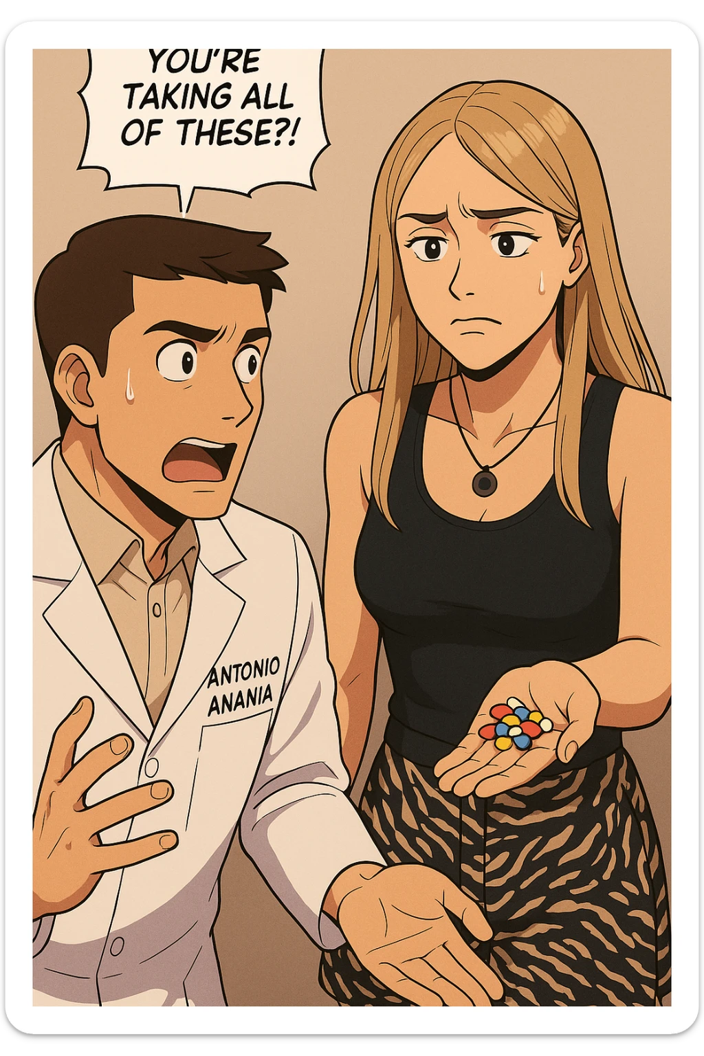 fai un webtoon/manga a colori con questo kinesiologo in camice bianco (fagli la scritta "ANTONIO ANANIA" SUL CAMICE) CHE PARLA CON QUESTA RAGAZZA. LA RAGAZZA HA UN PUGNO DI INTEGRATORI IN MANO (TANTE PILLOLE DIVERSE) E LE GUARDA DUBBIOSA. IL KINESIOLOGO CON IL CAMICE BIANCO LE DOMANDA UNA COSA SCIOCCATO. NON FARE I FUMETTI, FAI SOLO LORO COME SE DIALOGASSERO sticker