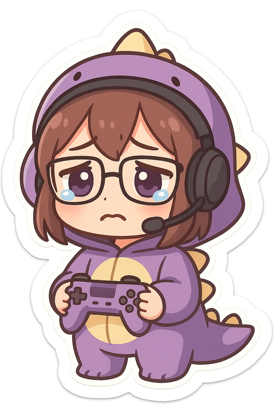 chibi anime style gamer girl with glasses, brown hair, dark purple eyes, wearing a purple dinosaur costume, sad emote sticker