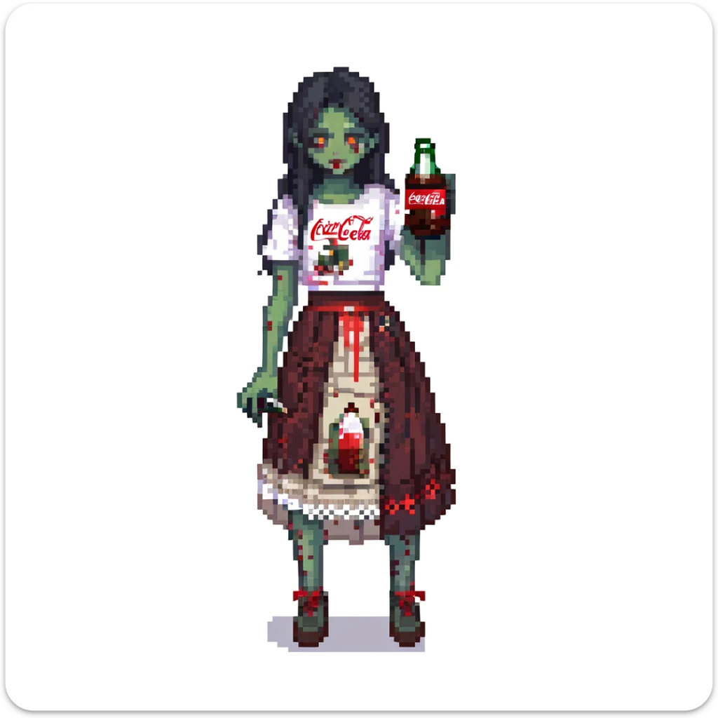 Generate an Asian girl, dark-haired, she's a zombie, wearing a skirt with lace, slightly torn,

Holding a bottle of Coca-Cola in her hands.

Background - a dark street in the style of Gotham City. sticker