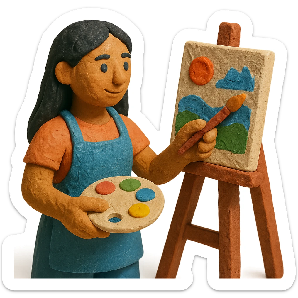 tanned woman artist with long black hair, wearing an apron, painting at an easel, holding a palette and brush, claymation style sticker