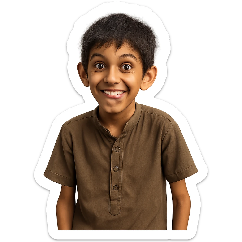 little skinny Pakistani boy with a playful, mischievous expression, trying to look funny sticker