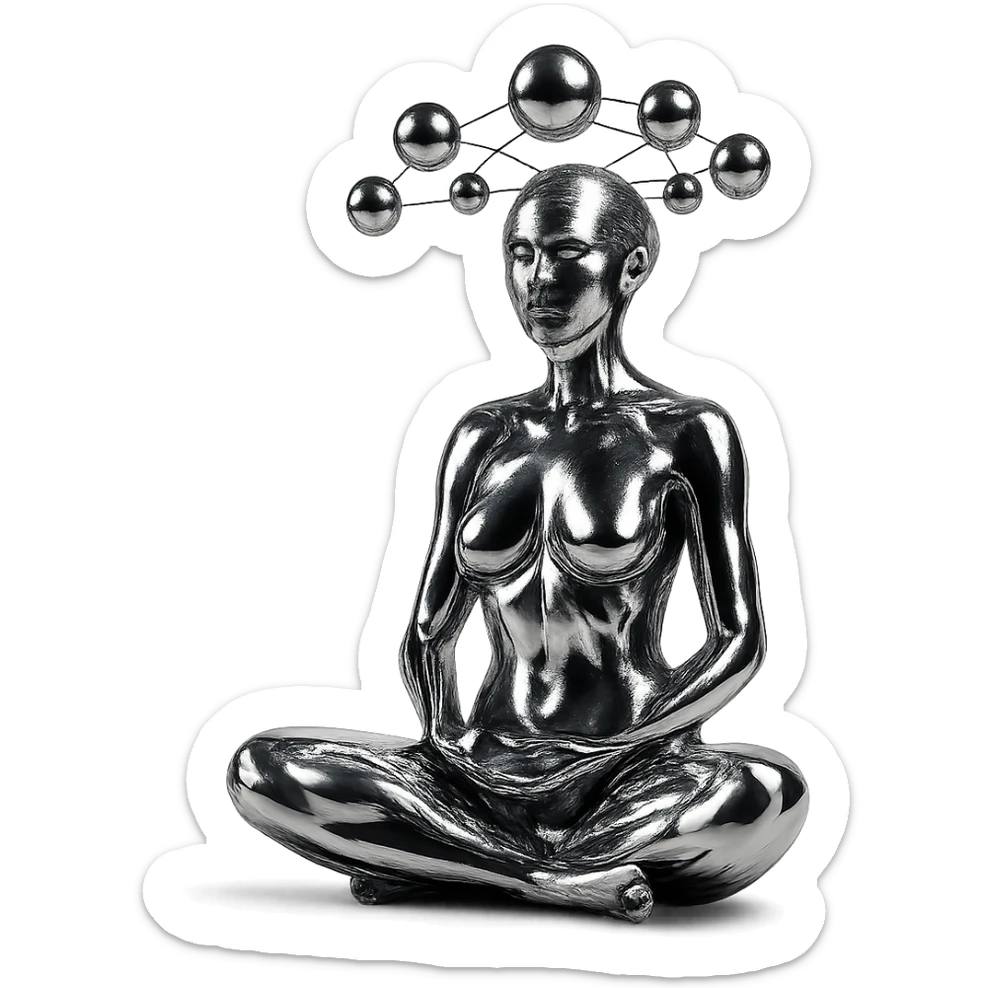 chrome style figure of a woman meditating in the lotus position, with several reflective chrome spheres floating above her head in a net-like arrangement, highly metallic sticker