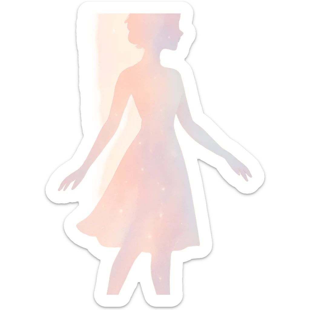 graceful, radiant figure with a soft pastel aura and a hint of sparkle, symbolizing lightness and beauty, in a minimalist silhouette sticker