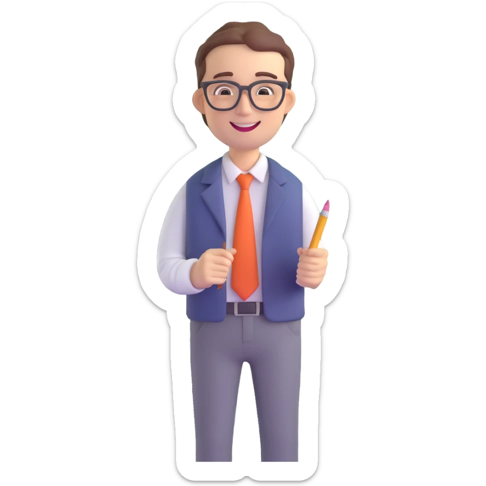 A cute and detailed emoji of a male teacher writing on a chalkboard. The teacher is smiling, wearing glasses, and dressed in a casual shirt and pants. He is holding a piece of chalk and writing something on the blackboard. sticker
