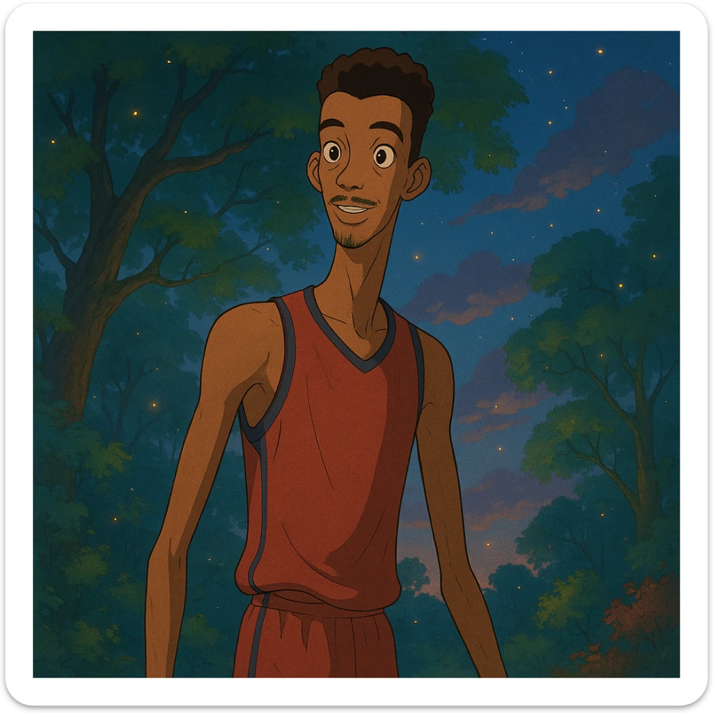 portrait of Wembanyama, elongated limbs, expressive eyes, magical setting, Ghibli style sticker