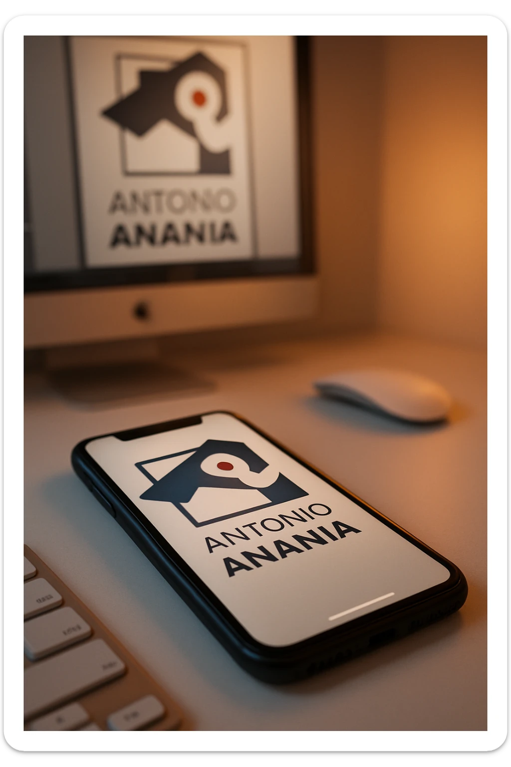 A photo of an iPhone on the desk with the logo of "Antonio Anania" on its screen, The phone sits atop a desk with a blurred with the logo in the background that suggests work environment. A faint glow from above casts gentle shadows across the surface of each object, creating depth and highlighting their textures sticker