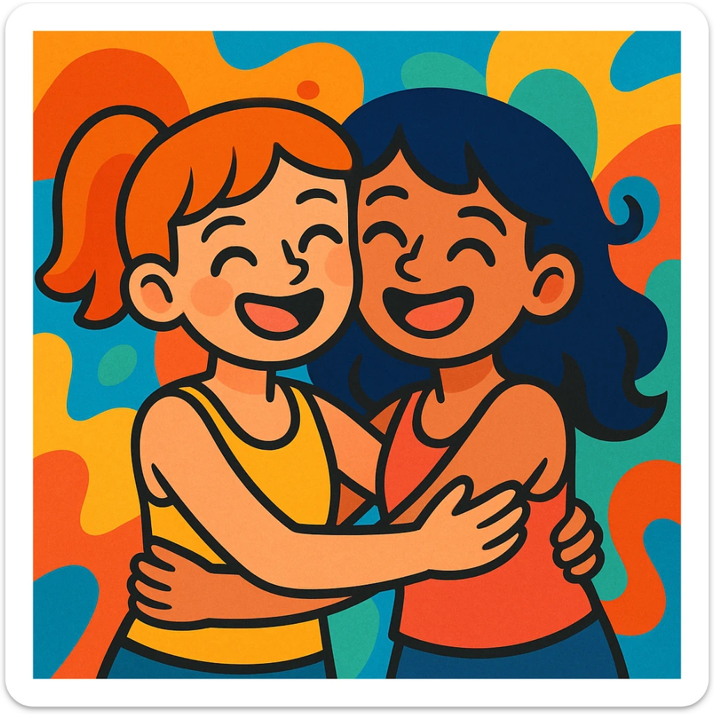 two girls in tank tops hugging, best friends, warm and joyful, colorful cartoon style illustration sticker