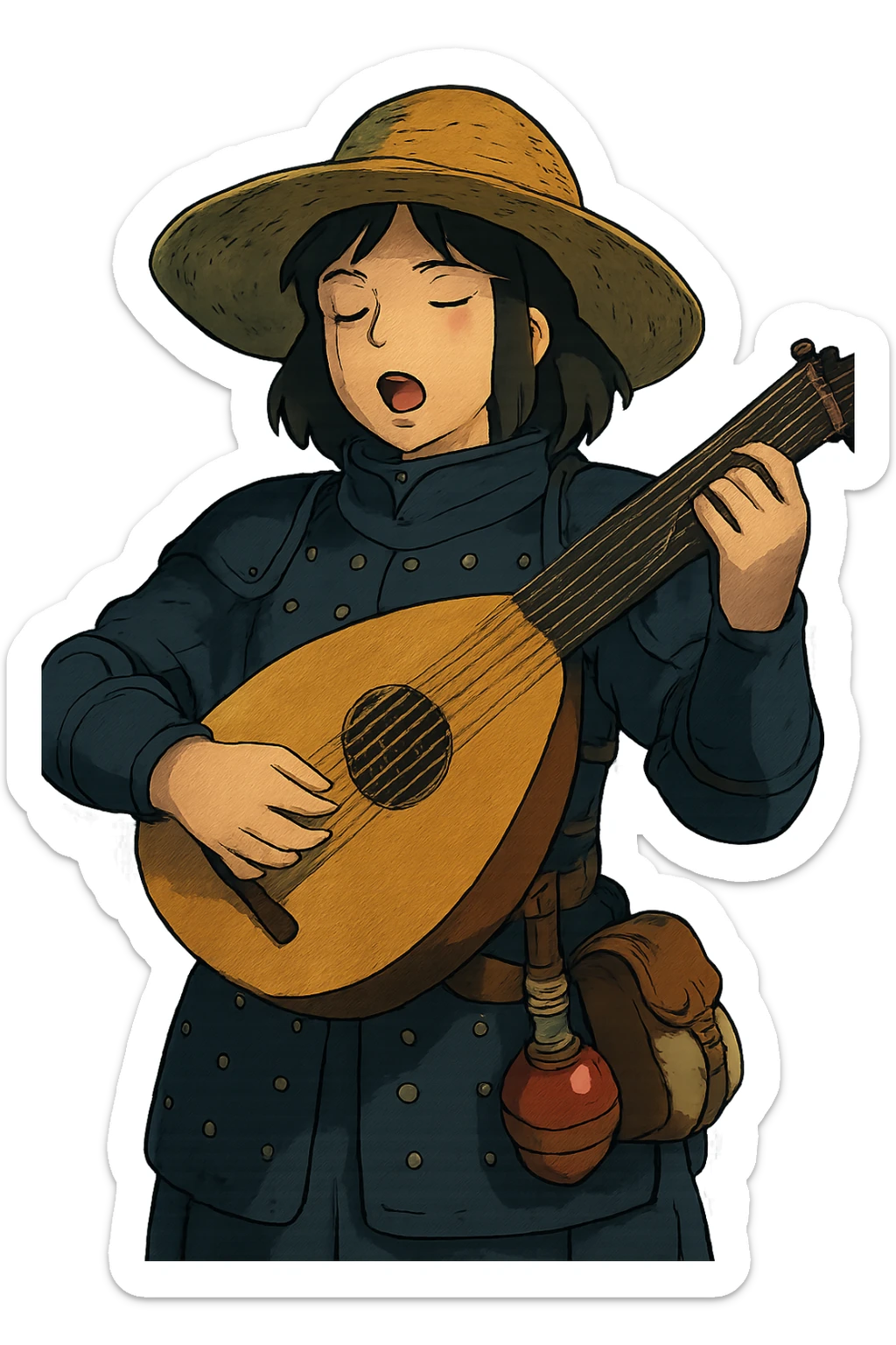 A female bard wearing brigandine armor with a sturdy straw hat, playing a fat medieval lute and singing, night time shadows, tool belt with red potion and bandages, portrait  sticker