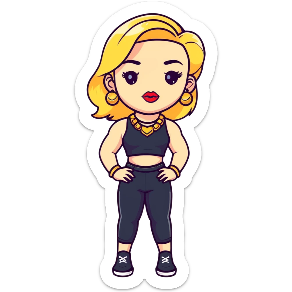 Full body white teenage girl with blonde hair, heavy makeup, big lips, crop top, gold jewelry and flashy choni style outfit sticker