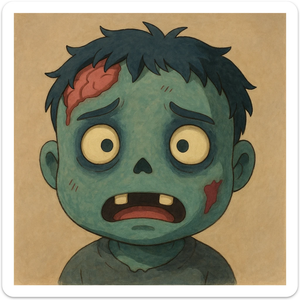 zombie face emoji, ghibli style, soft shading, cute and slightly creepy sticker