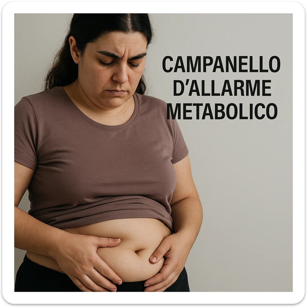 close-up of a woman with PCOS looking at her belly with one hand, visible fat accumulation, serious expression, neutral background, Italian text: 'Campanello d’allarme metabolico', 4K quality sticker