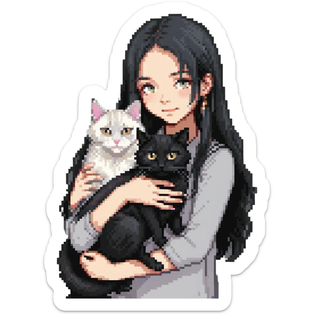 Beautiful girl with long black hair hugs a gray and blond mixed breed cat sticker