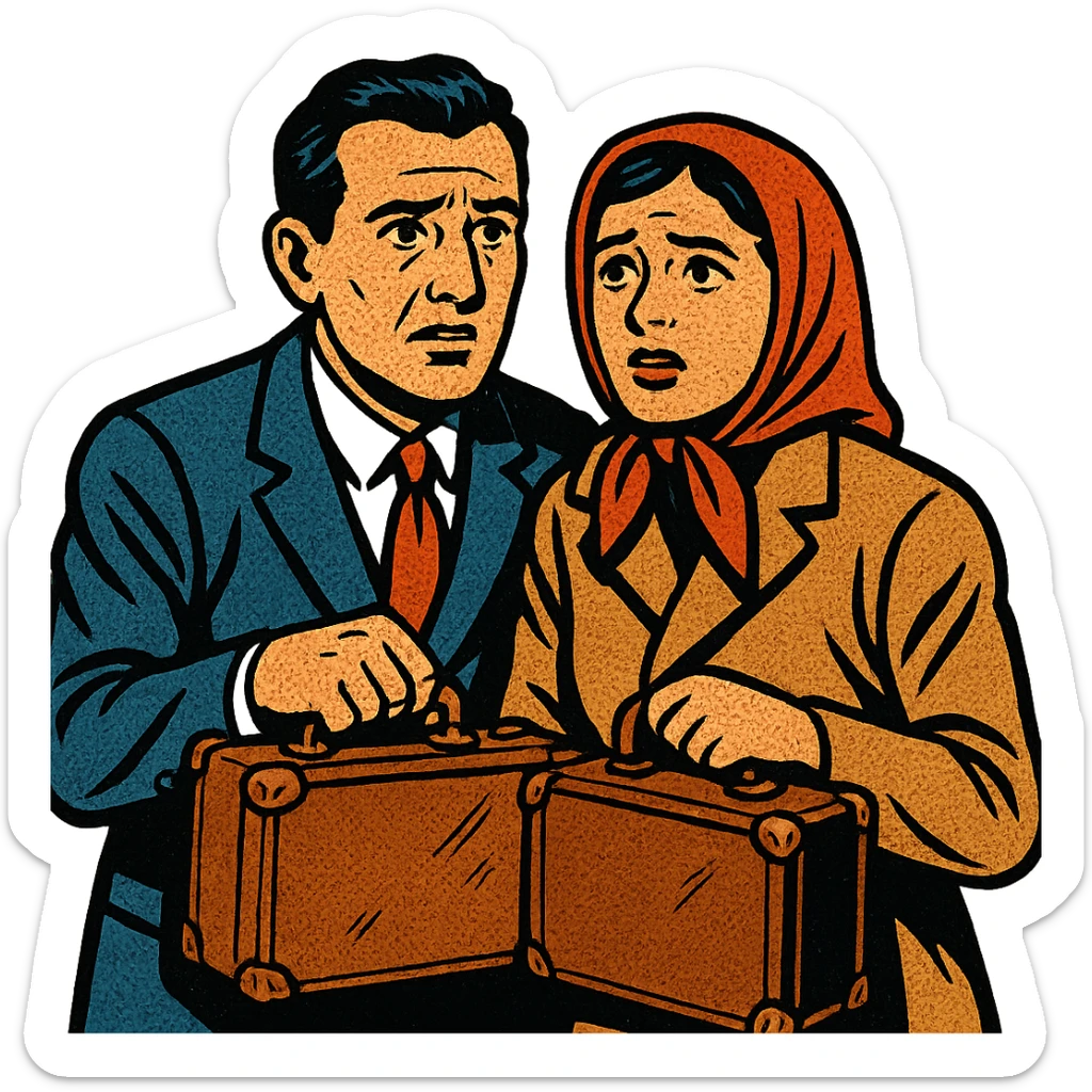 A refugee husband and wife from Eastern Europe in the 1950s both carrying a small old brown suitcase and looking hopeful and worried sticker