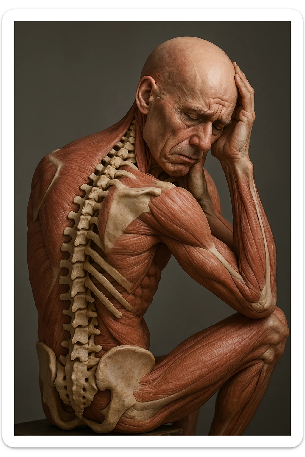 CORPO UMANO ANATOMICO con spina dorsale in evidenza, molto stanca e stressata mentre si tiene le mani sulla testa, IPERREALISTICO 4K sticker