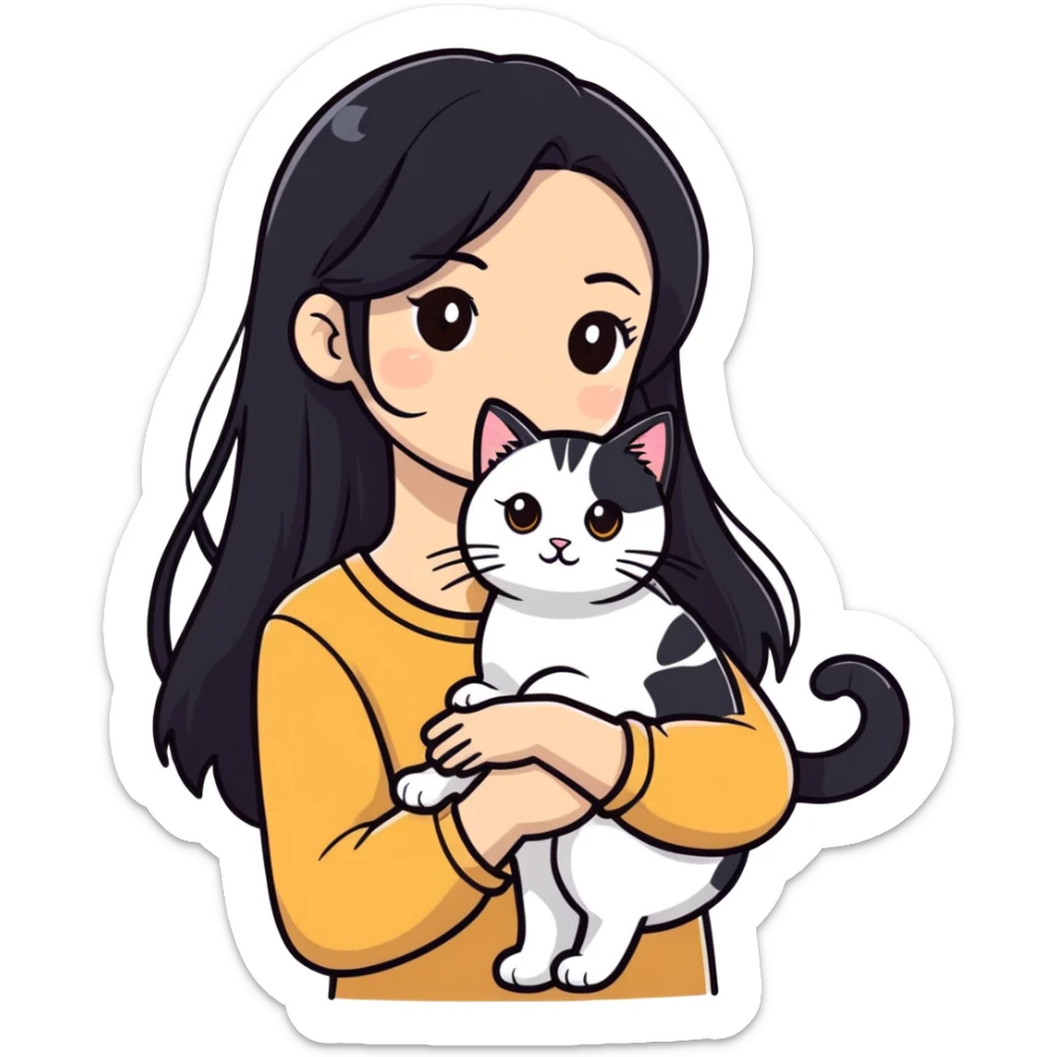 girl with long black hair and brown eyes that holds cat that is white and tabby sticker