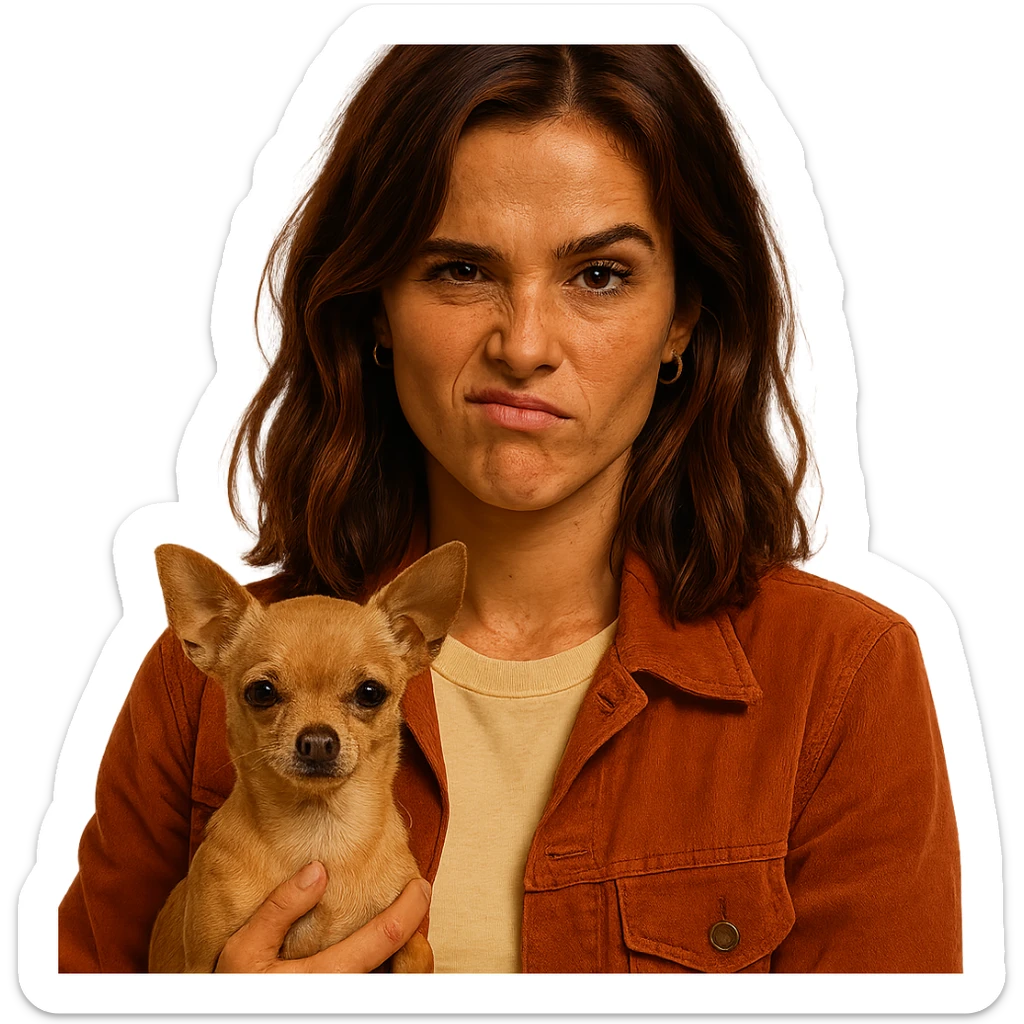 portrait centered of a woman inspired by Zoe Deutch's face, tanned complexion, subtle freckles, rebellious and playful expression, medium-length brown hair with auburn highlights, wearing a shirt color #FFF8CA, rust-colored jacket, holding a beige-brown chihuahua, transparent background, Netflix series style sticker