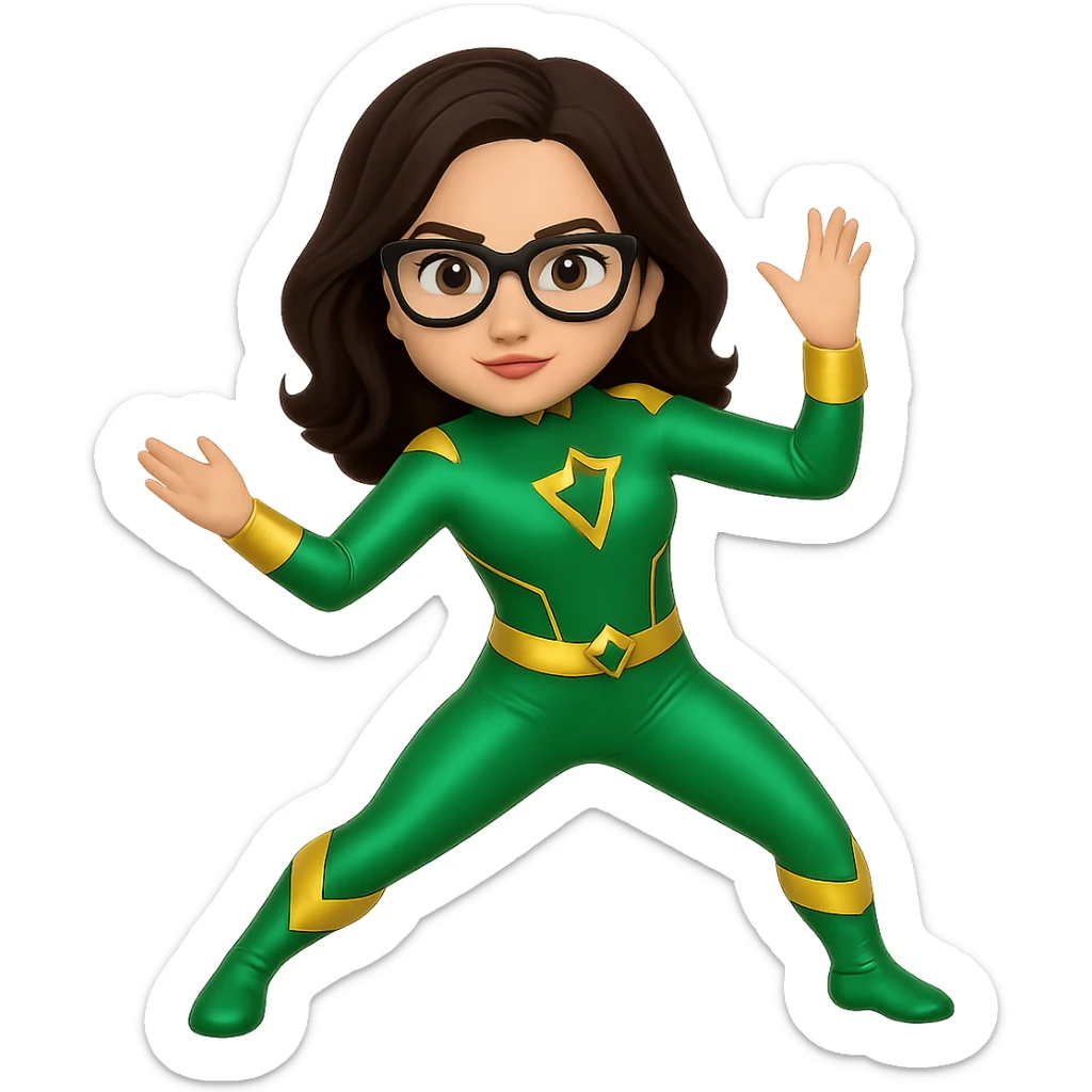 Make her hair a darker brown with a side parting and no fringe, keep the rest the same, no background. sticker