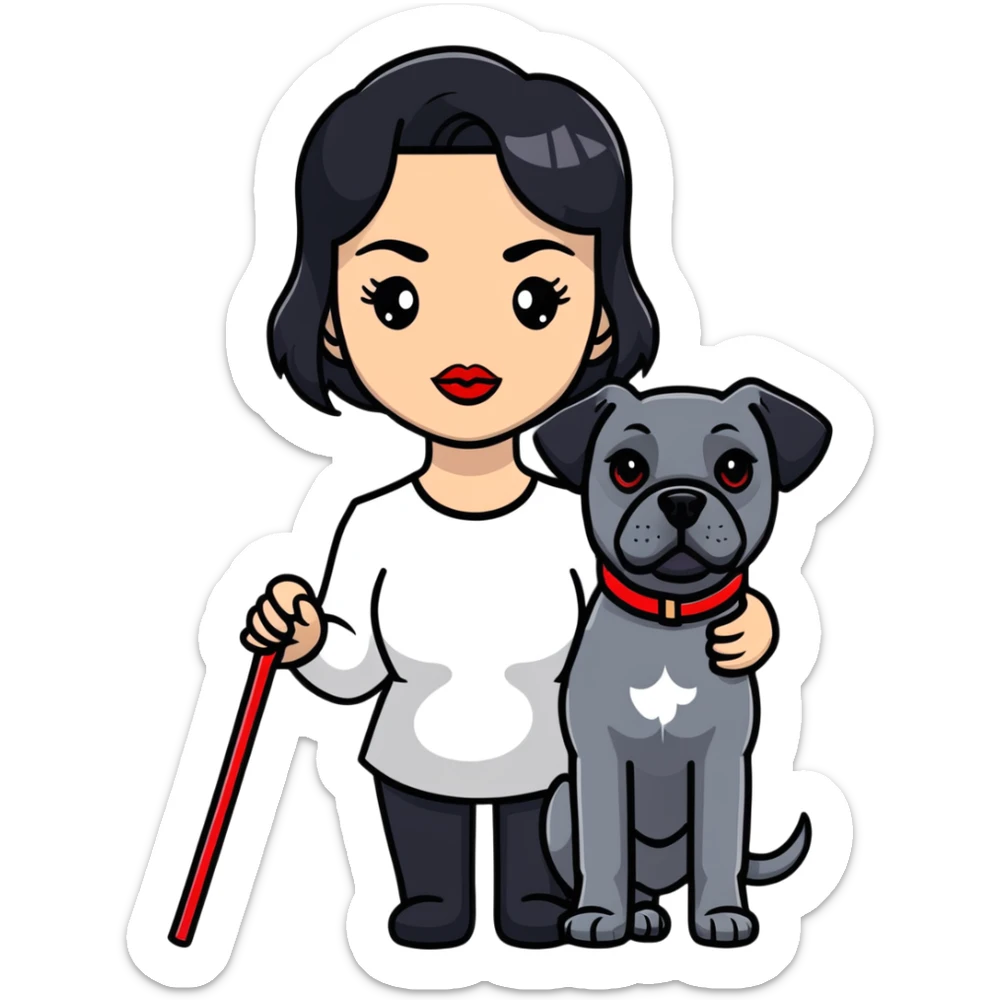 fashionable woman with red lips and black hair with a Cane Corso dog sticker