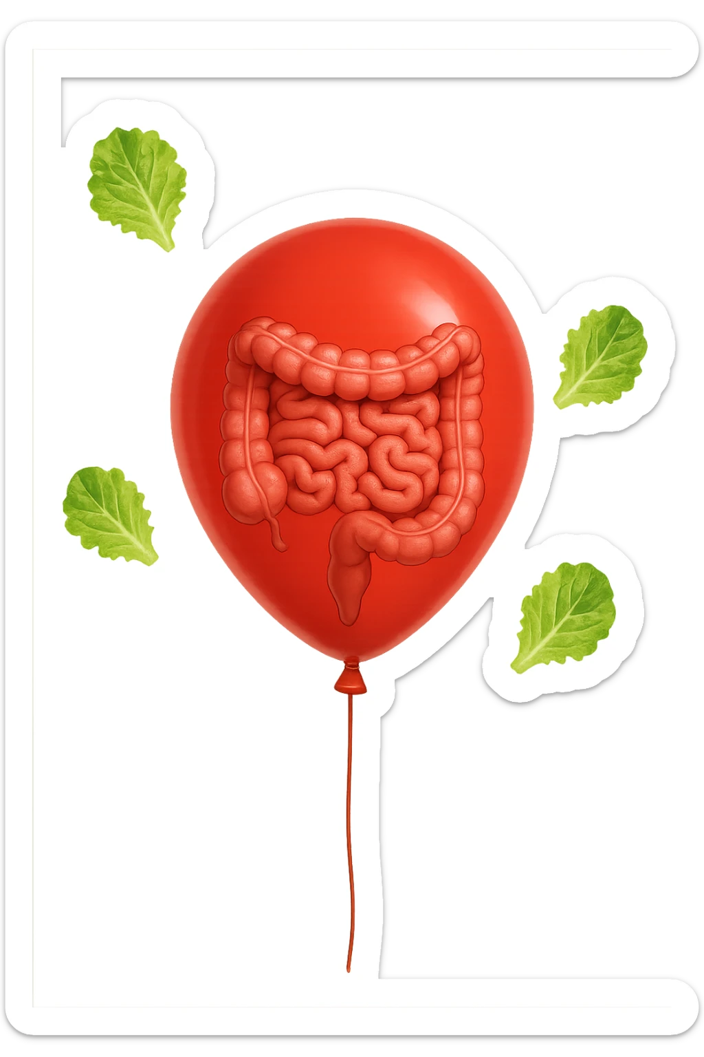 intestino chiuso in un palloncino rosso e foglie di insalata che fluttuano intorno sticker