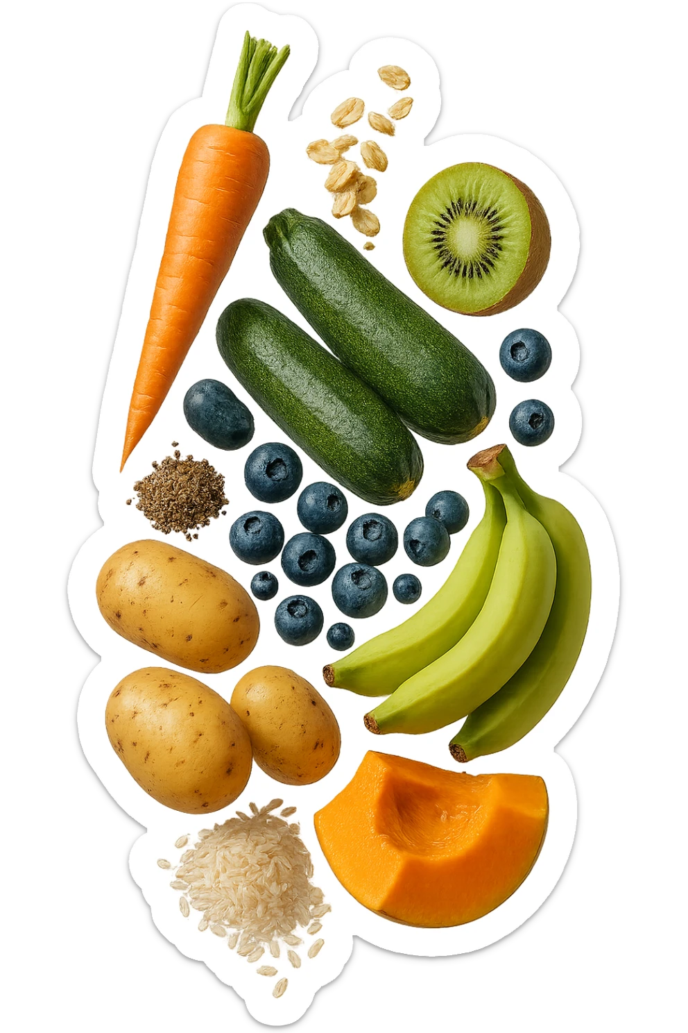 carota, fiocchi di avena, zucchine, kiwi, mirtilli, semi di chia, patate, banane acerbe, zucca, riso fluttuano in aria verticalmente, iperrealistici 4k sticker