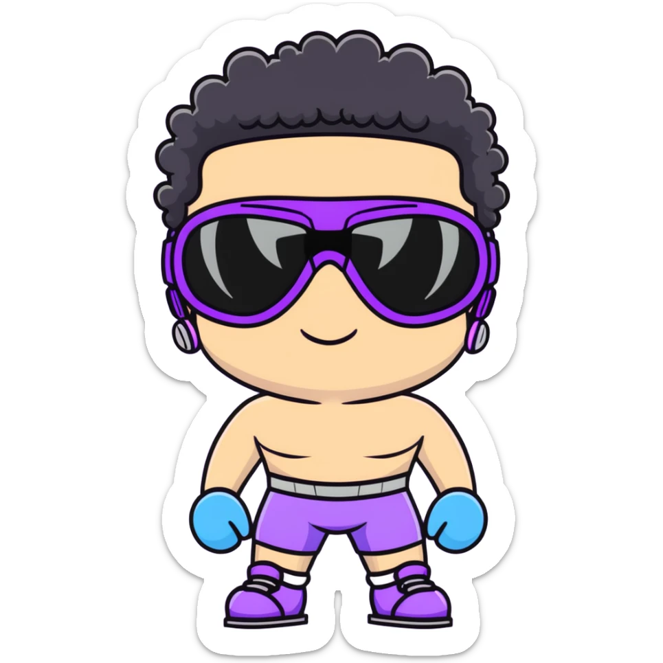 shirtless male athlete with white skin and moderately curly black hair on top with shaved sides, wearing ski goggles with purple frames/outline and very dark heavily tinted black lenses that completely hide the eyes, and a simple plain black chain necklace, no earrings sticker