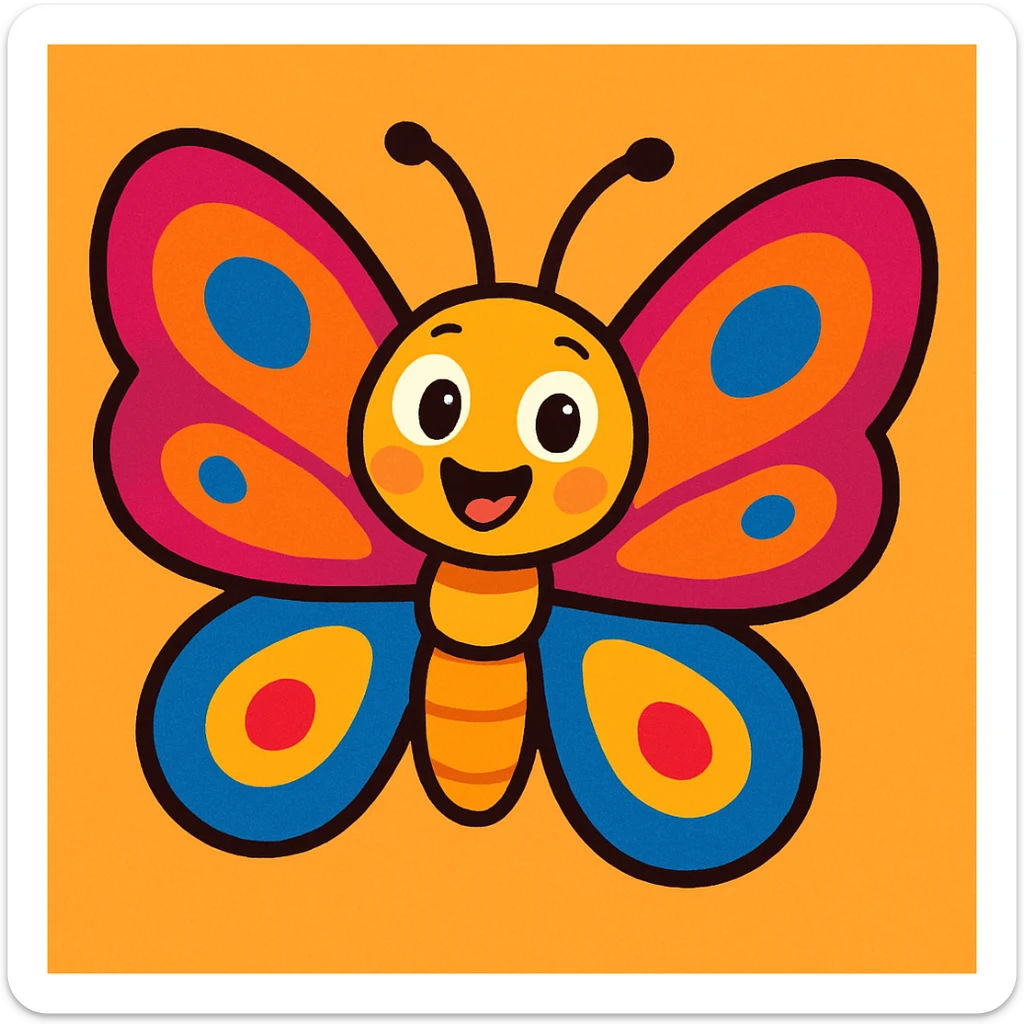 a butterfly in vibrant cartoon style with colorful wings and a cheerful expression sticker