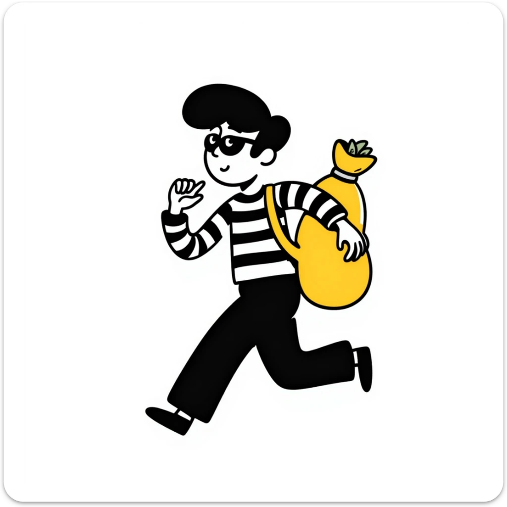 black and white striped robber man carrying a yellow bag of money, hand-drawn doodle style sticker