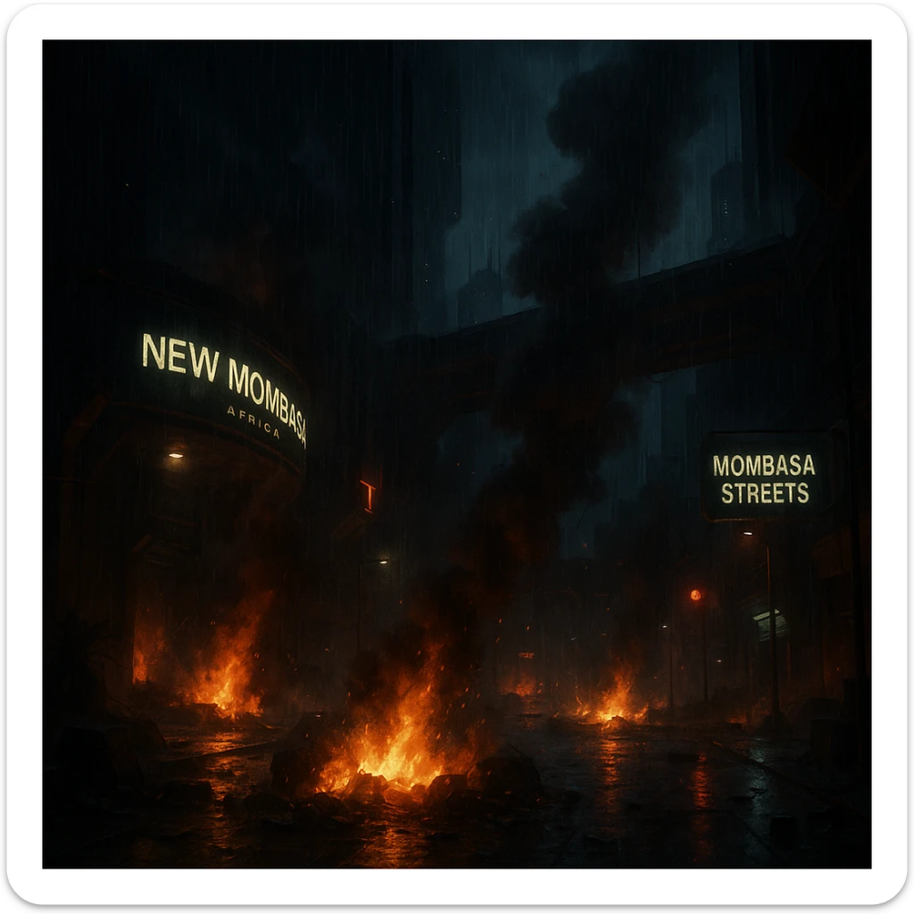 Night time streets of New Mombasa from ODST. "Mombasa Streets"  dying battle flames and smoke rise amongst pouring rain sticker
