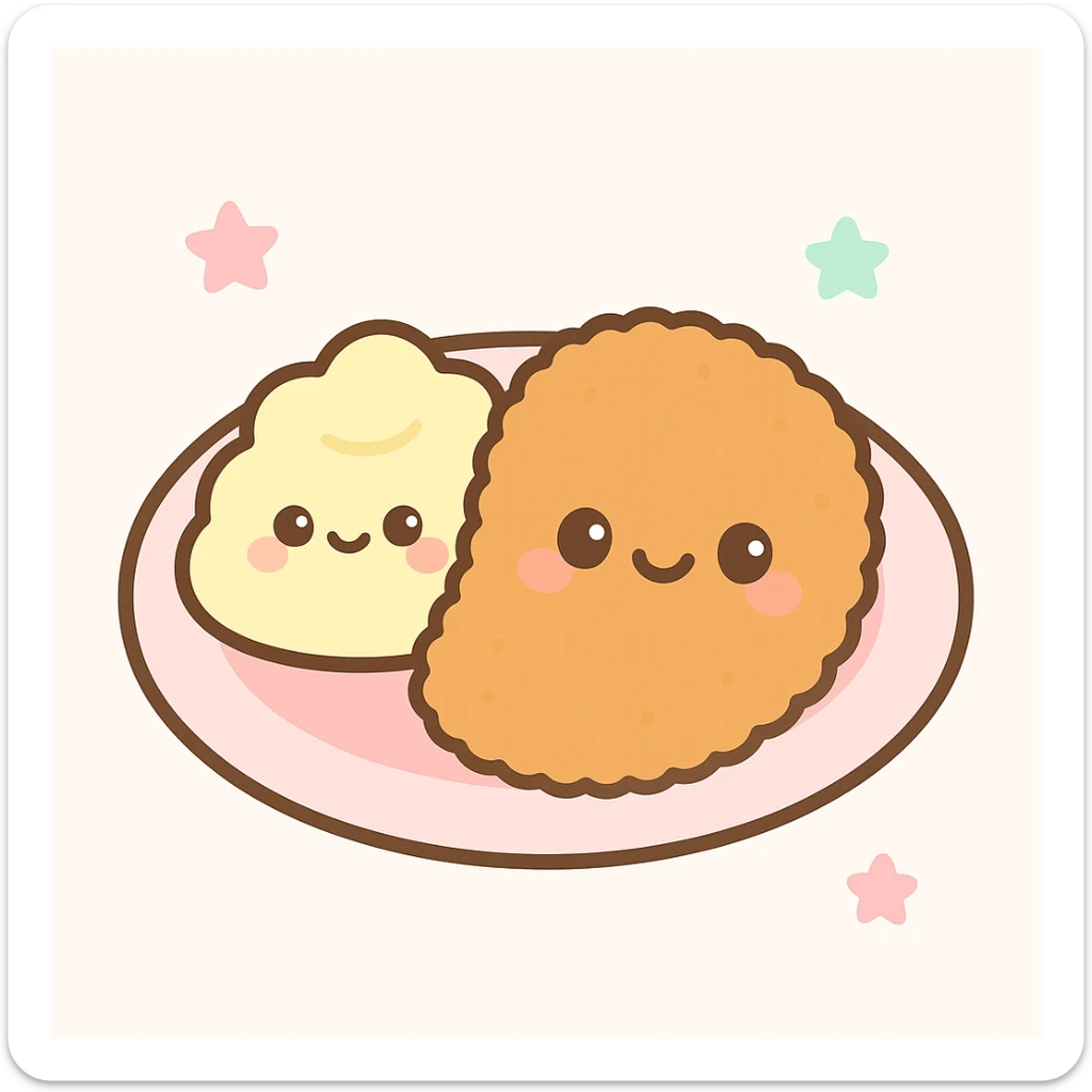 plato de milanesa con puré, el puré junto a la milanesa en el mismo plato, a modo de acompañamiento, comida simpática y adorable sticker