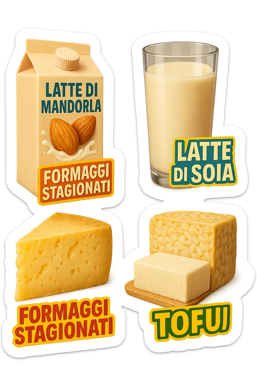emoji stile iphone 3d di Latte e yogurt delattosati in italiano
Latte di mandorla (non zuccherato)
Latte di soia da proteine isolate
Formaggi stagionati (es. parmigiano)
Tofu compatto e tempeh
 che fluttuano in aria, iperealistico 4k sticker