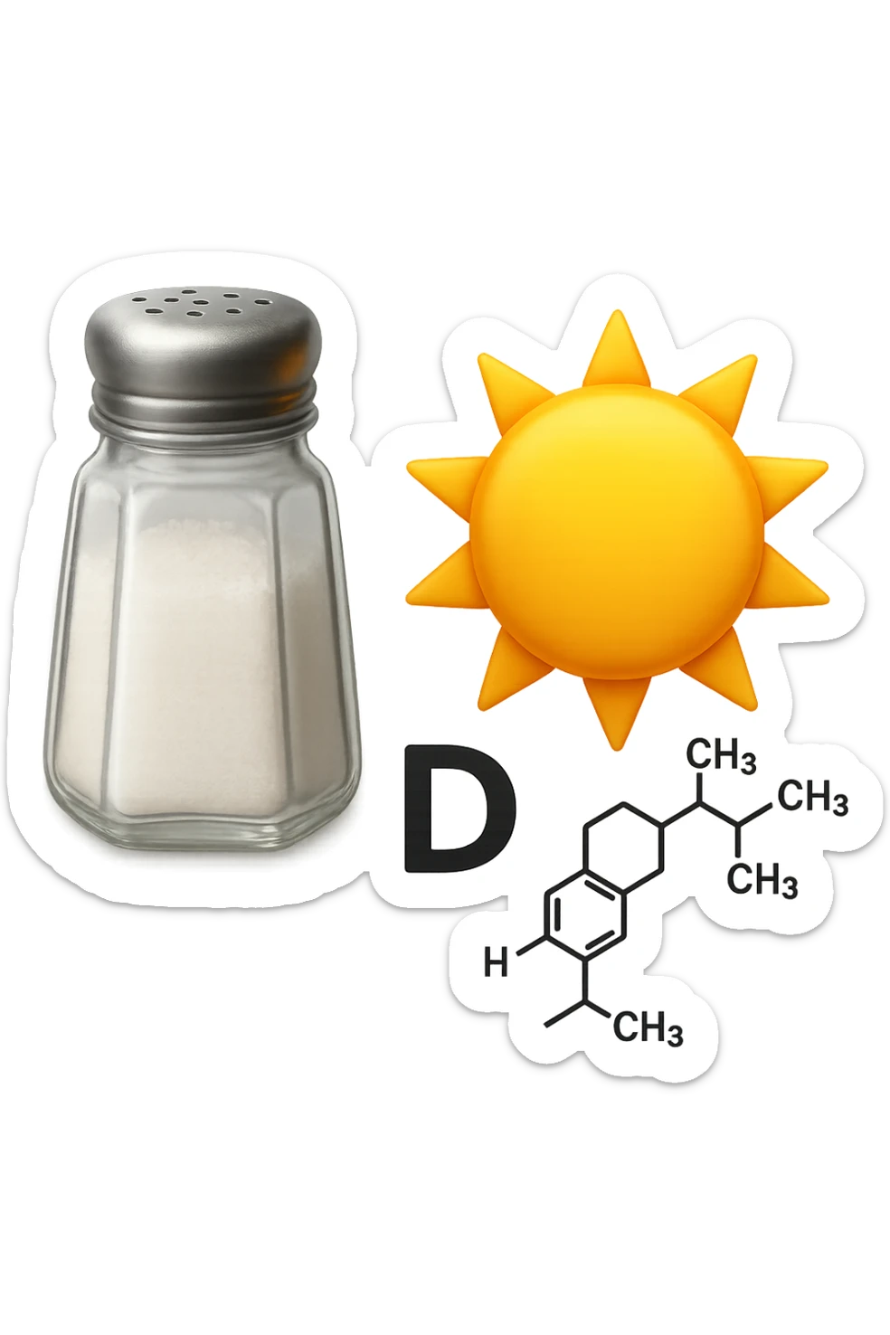 emoji stile iphone di una boccetta di sale, un sole, una particella chimica di VITAMINA D, IPERREALISTICO 4K sticker
