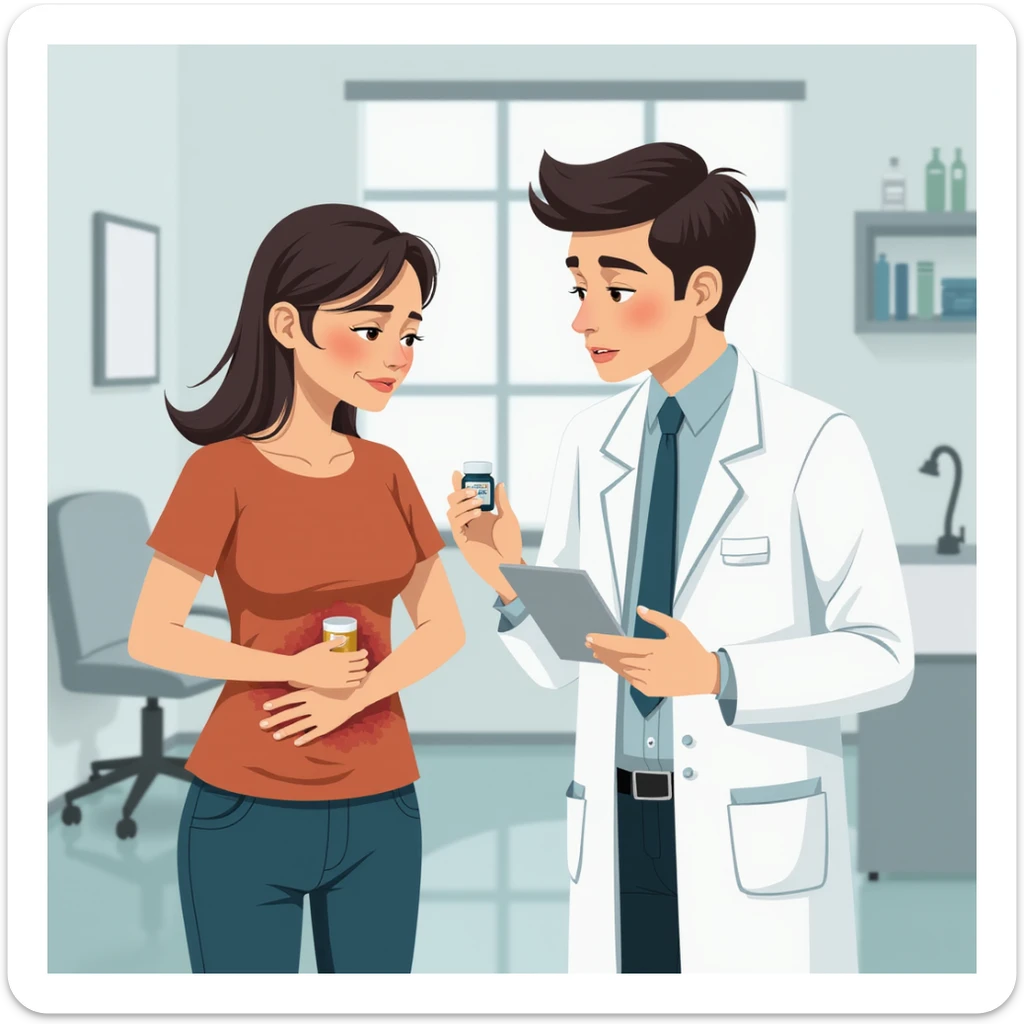 realistic illustration of a doctor in a white coat prescribing medicine to a patient holding their stomach or head in pain, the doctor appears detached, clinic background, atmosphere suggesting medicine only covers symptoms sticker