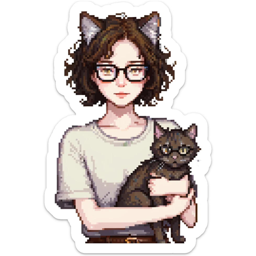 Cat-lady with dark brown hair, square glasses, hazel eyes, and pale skin sticker