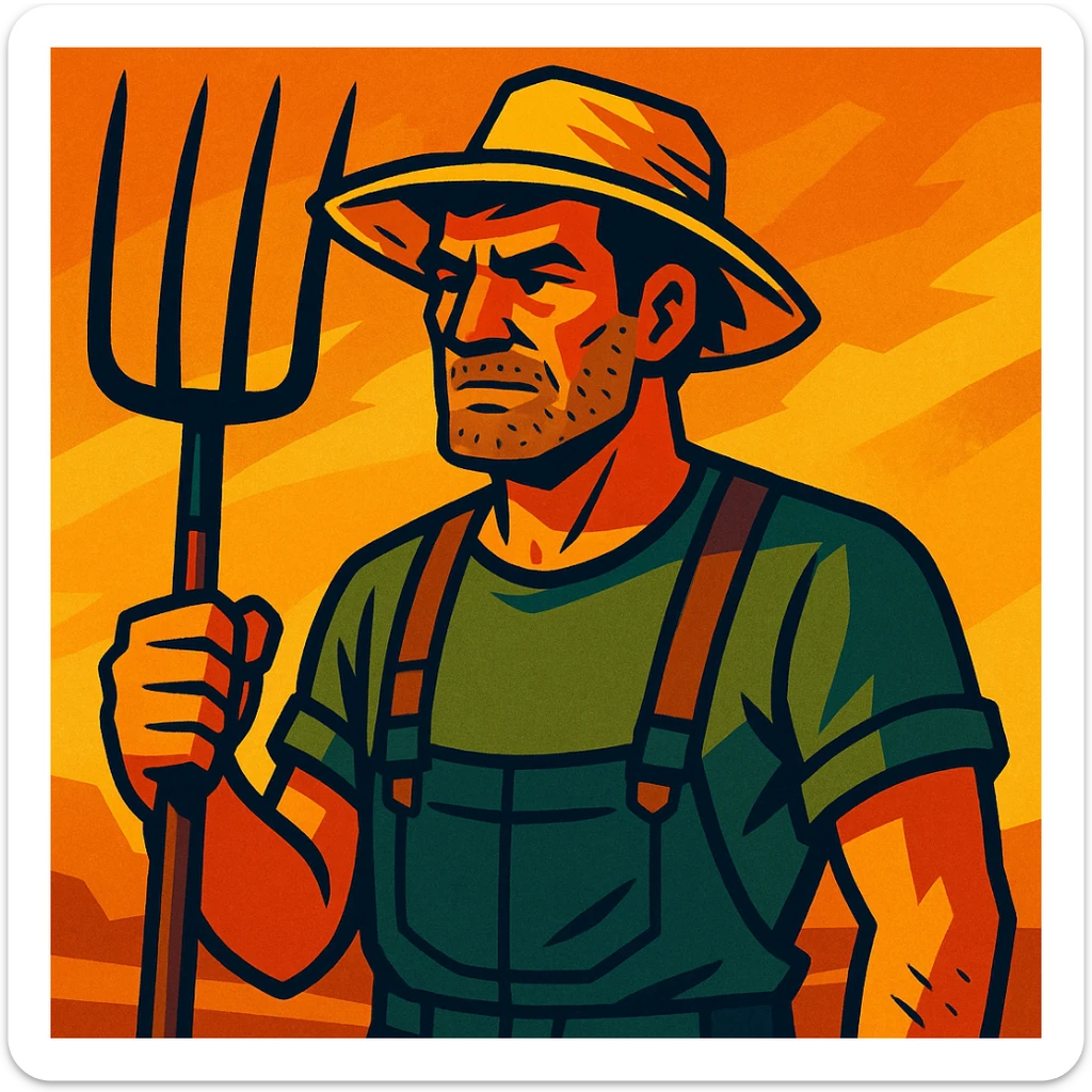 vibrant toon style illustration of a rugged middle-aged farmer, sun-bleached face, black hair, strong jaw, stubble, green trousers, suspenders, green T-shirt, straw hat, holding pitchfork, dramatic warm golden-brown background, bold lines, mix of warm and cool lighting, rustic rural America vibe sticker