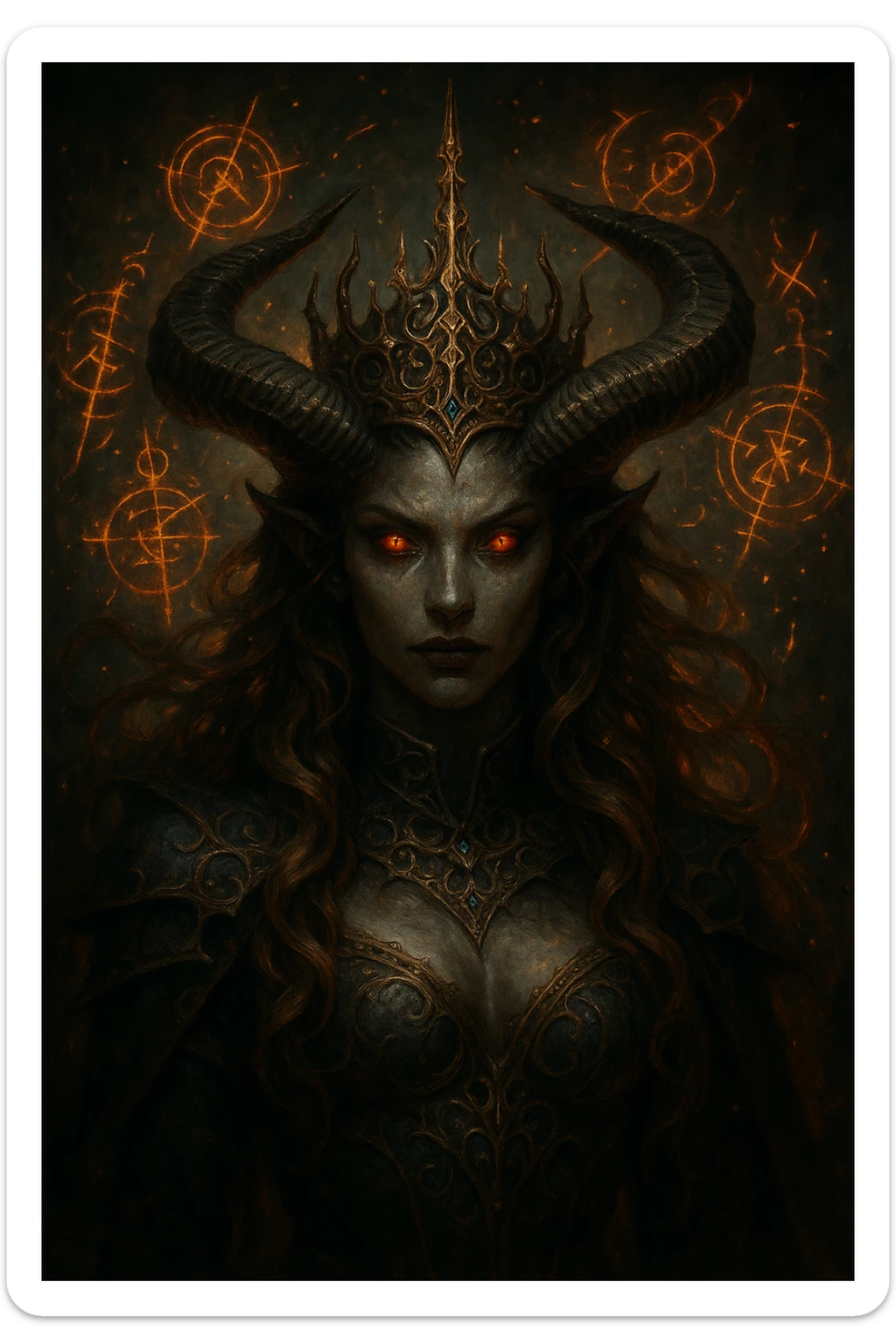demon queen with horns and brown hair, ornate crown, mystical aura, fantasy style sticker