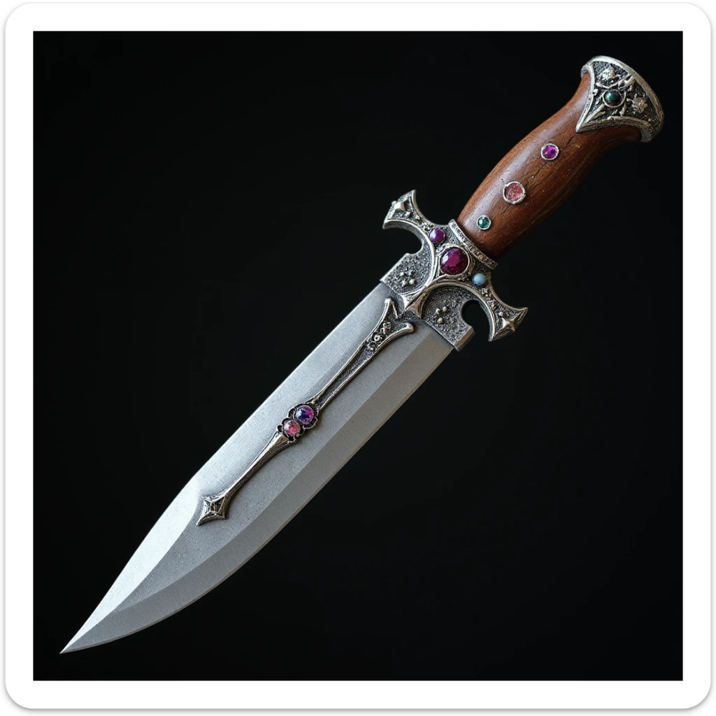 realistic gothic knife, with gemstone accents, photorealistic style, no background sticker